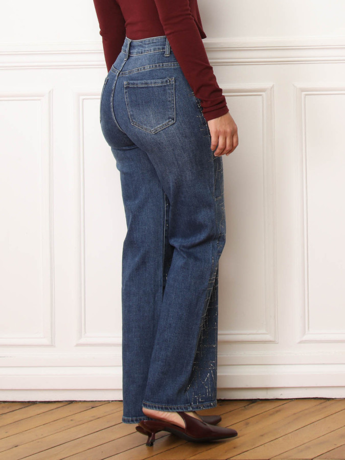 Jeans droit bleu foncé à motifs en strass