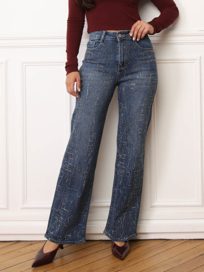 Jeans droit bleu foncé à motifs en strass