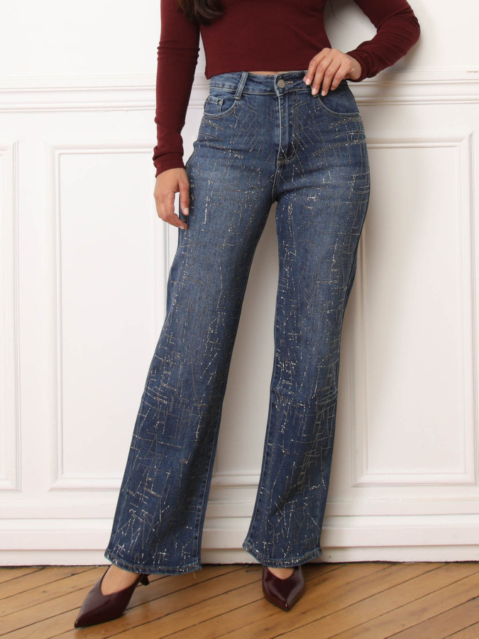 Jeans droit bleu foncé à motifs en strass