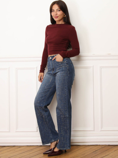 Jeans droit bleu foncé à motifs en strass