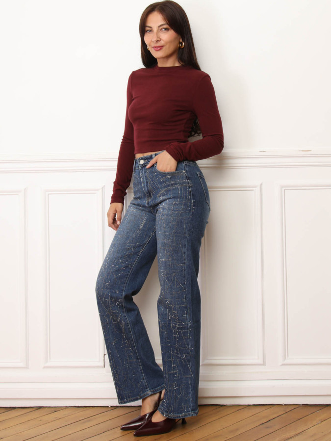 Jeans droit bleu foncé à motifs en strass