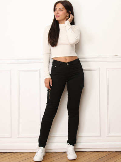 Jeans skinny noir style cargo à poche zippée