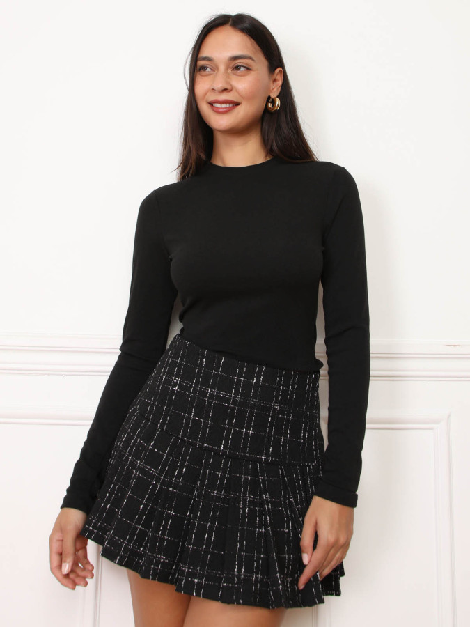 Jupe-short plissée en tweed noir