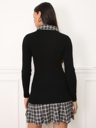 Robe chemise trompe-l'œil à carreaux noire