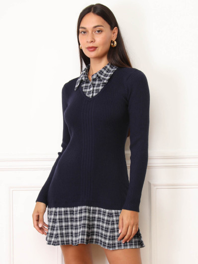 Robe chemise trompe-l'œil à carreaux bleu marine