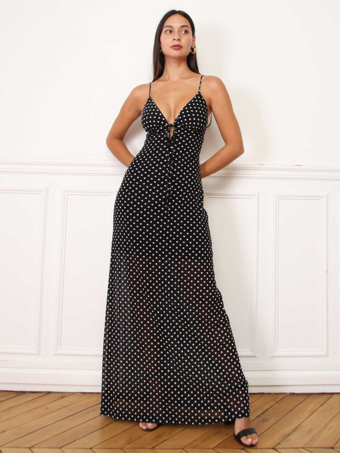 Robe longue noire cut-out à motifs pois