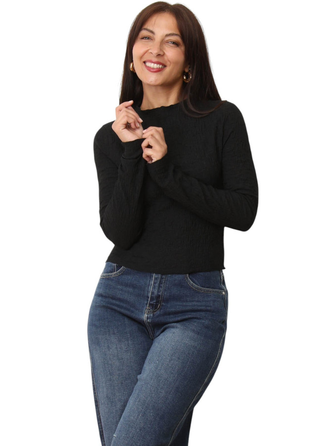 Top texturé noir à manches longues