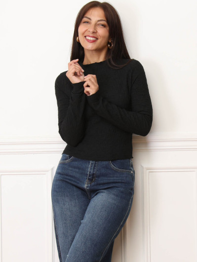 Top texturé noir à manches longues