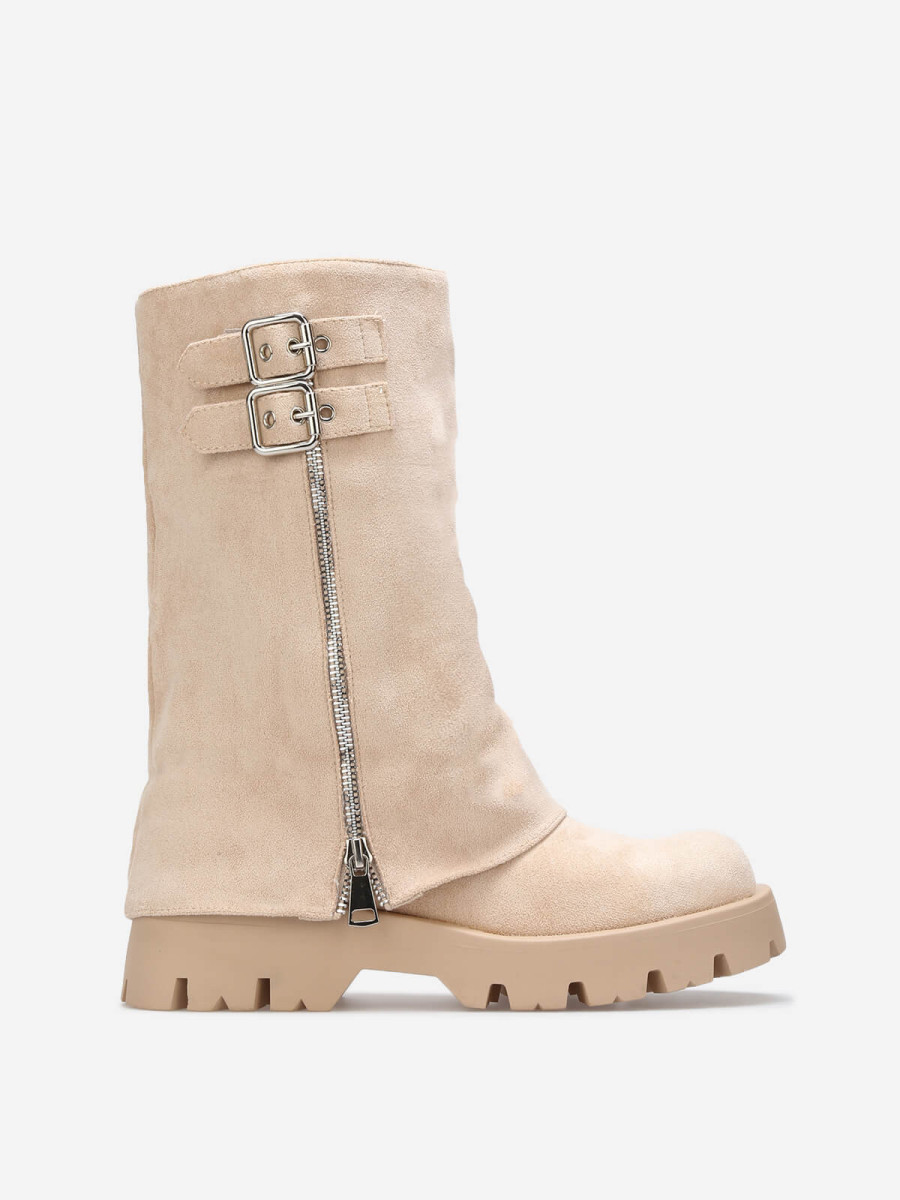 Bottes mi-mollet à revers avec zip et boucles