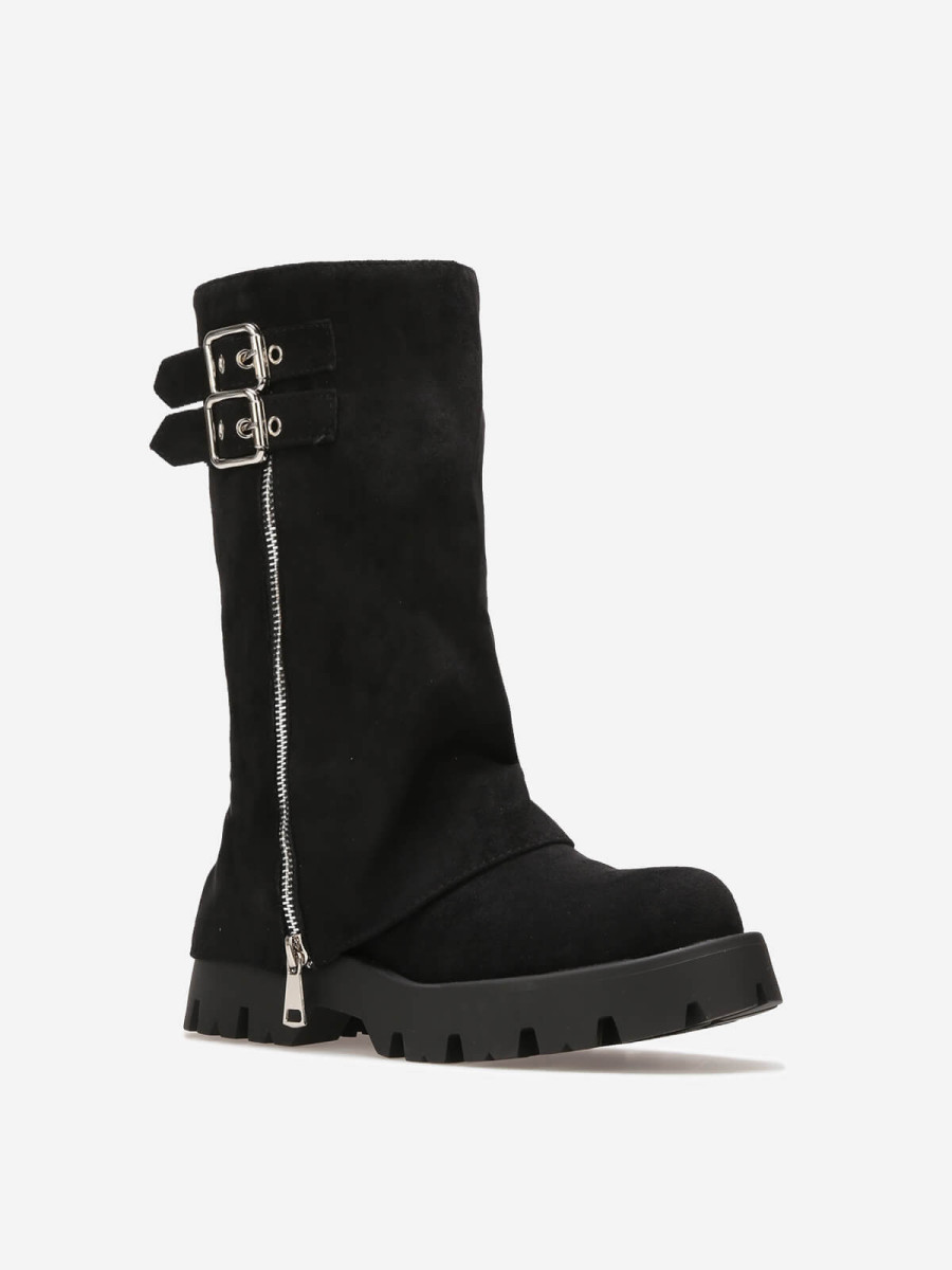 Bottes femme marron foncé style motard avec boucle et détails argentés