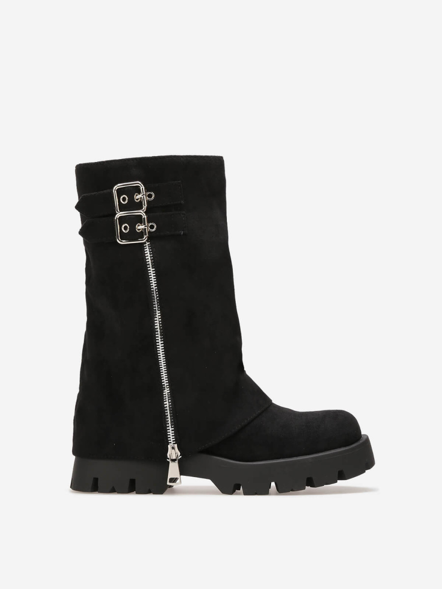 Bottes mi-mollet à revers avec zip et boucles