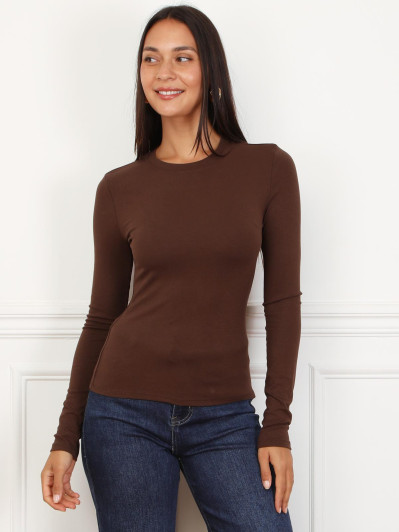 Top basique marron à manches longues et col rond
