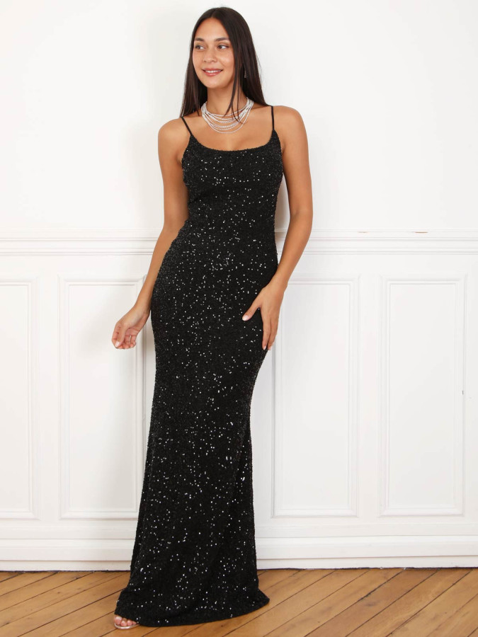 Robe longue sirène à sequins noirs