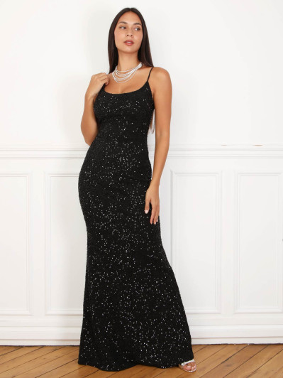 Robe longue sirène à sequins noirs