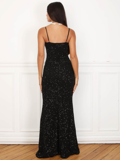Robe longue sirène à sequins noirs