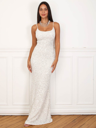 Robe longue sirène blanche à sequins