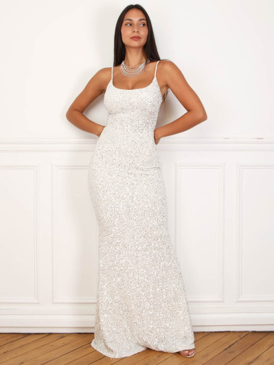 Robe longue sirène blanche à sequins