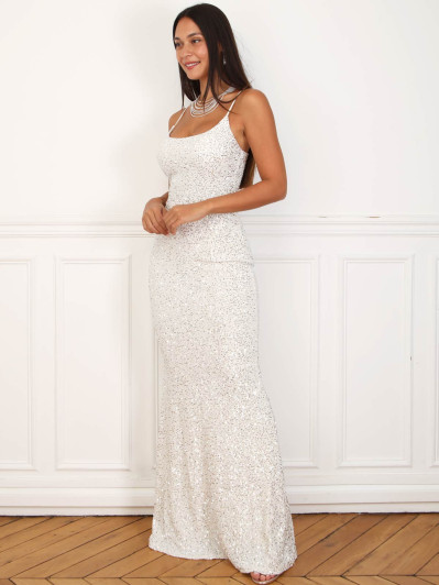 Robe longue sirène blanche à sequins
