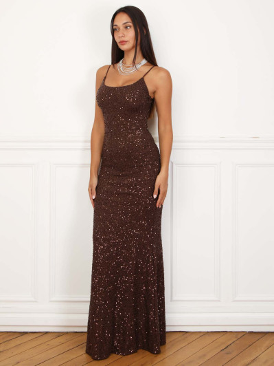 Robe longue sirène à sequins marrons
