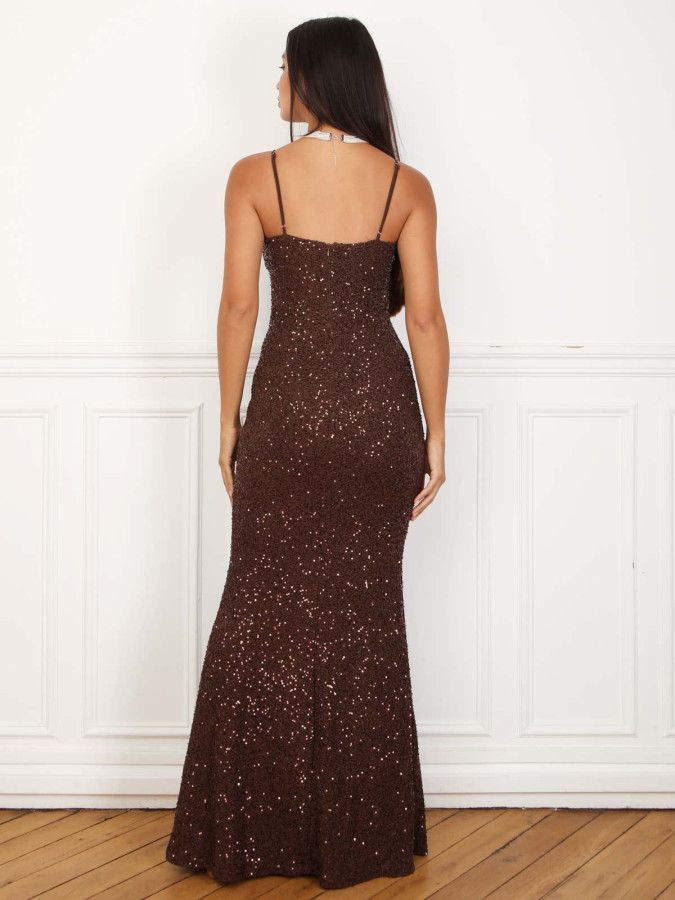 Robe longue sirène à sequins marrons
