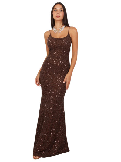 Robe longue sirène à sequins marrons