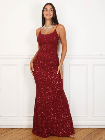 Robe longue sirène à sequins bordeaux