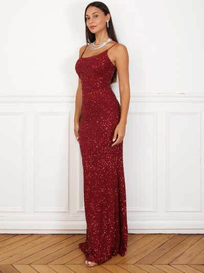 Robe longue sirène à sequins bordeaux
