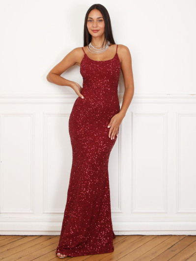 Robe longue sirène à sequins bordeaux