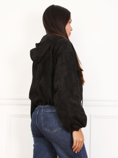 Bomber zippée en suédine noire et à capuche