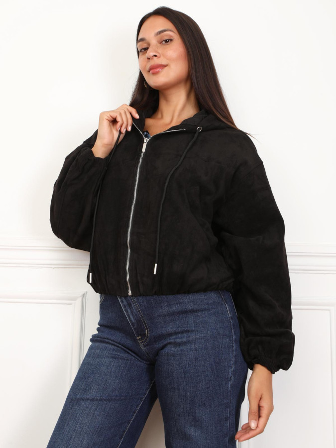 Bomber zippée en suédine noire et à capuche