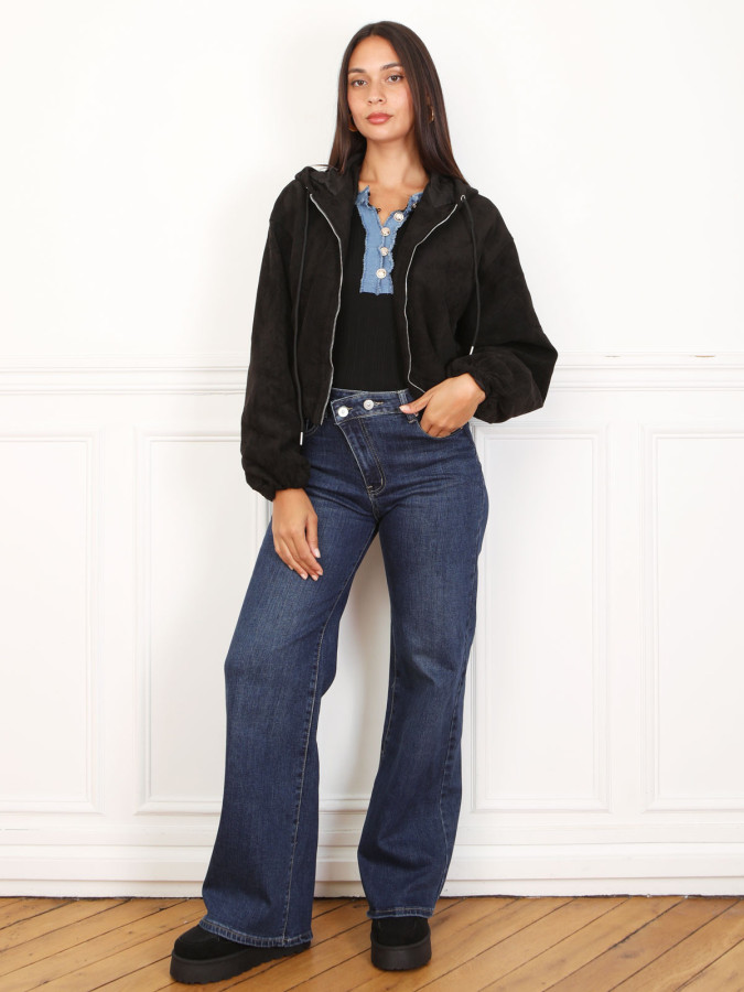 Bomber zippée en suédine noire et à capuche