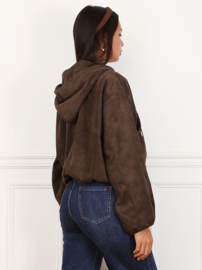 Bomber zippée en suédine marron et à capuche