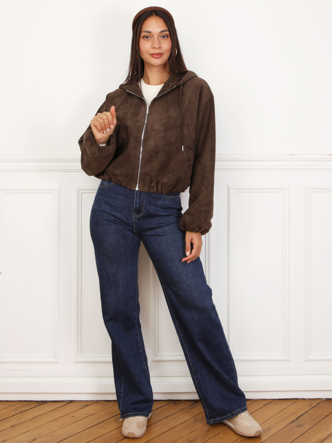 Bomber zippée en suédine marron et à capuche