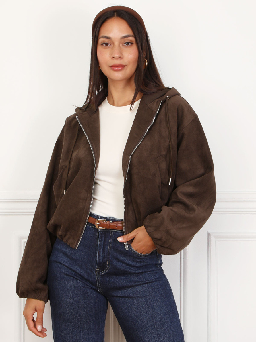 Bomber zippée en suédine marron et à capuche