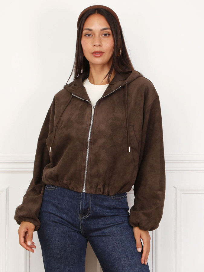 Bomber zippée en suédine marron et à capuche
