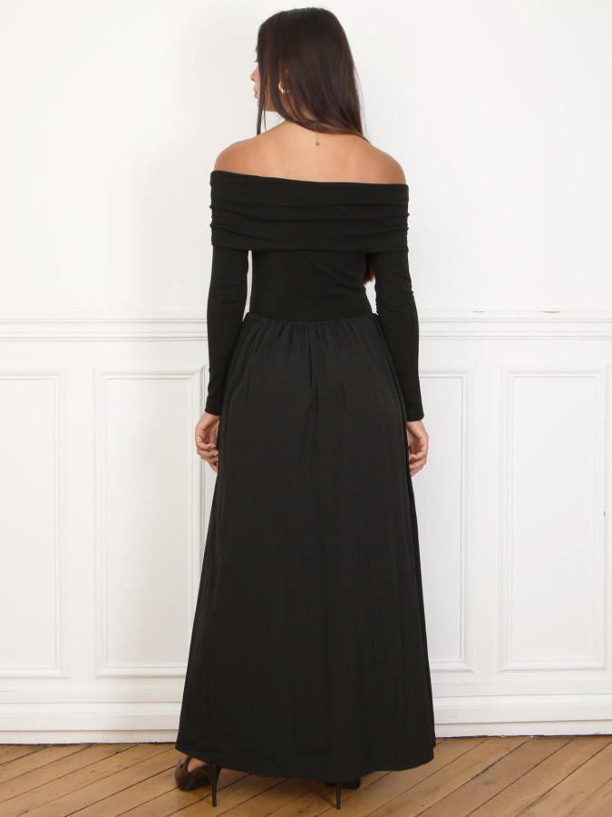 Robe patineuse bi-matière à col bardot noire