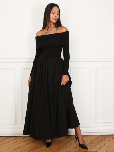 Robe patineuse bi-matière à col bardot noire