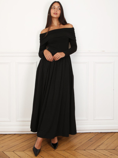 Robe patineuse bi-matière à col bardot noire