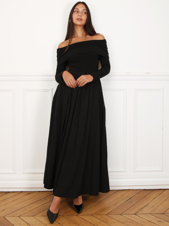 Robe patineuse bi-matière à col bardot noire
