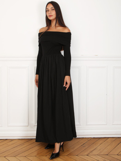 Robe patineuse bi-matière à col bardot noire