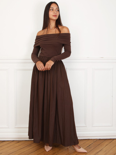 Robe patineuse bi-matière à col bardot marron