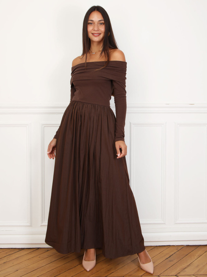 Robe patineuse bi-matière à col bardot marron