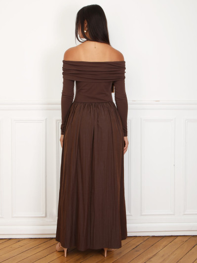 Robe patineuse bi-matière à col bardot marron