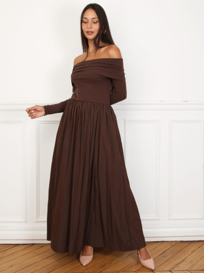 Robe patineuse bi-matière à col bardot marron