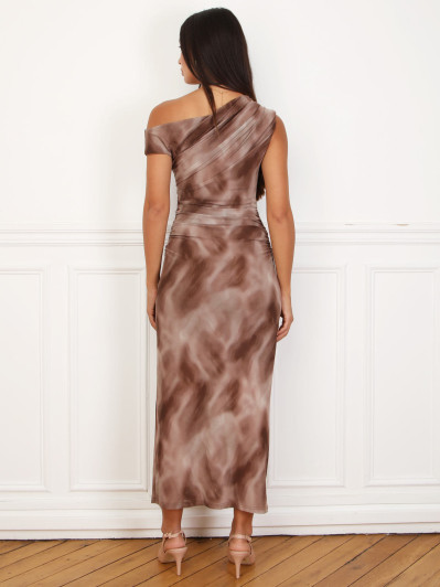 Robe asymétrique en tulle tie & dye marron