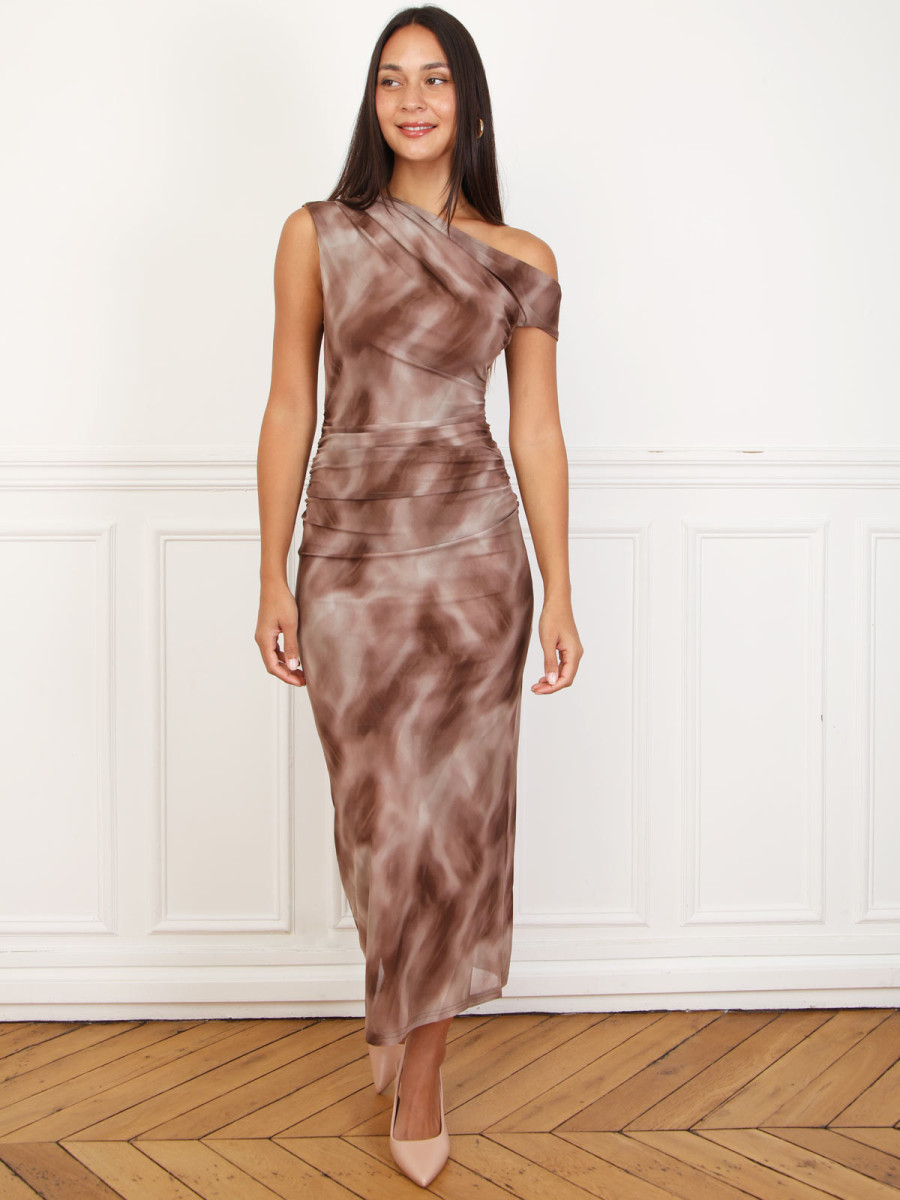 Robe asymétrique en tulle tie dye marron