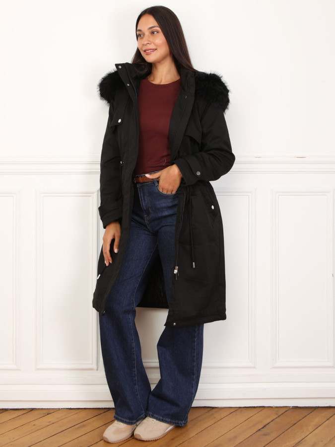 Parka mi-longue à capuche en fausse fourrure noire