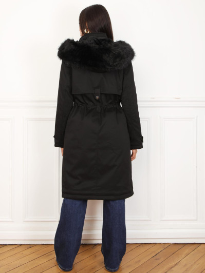Parka mi-longue à capuche en fausse fourrure noire