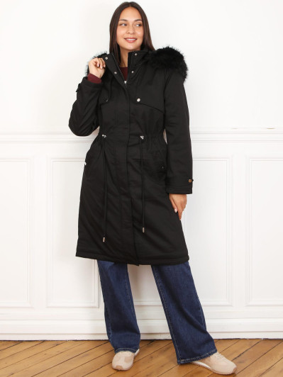 Parka mi-longue à capuche en fausse fourrure noire