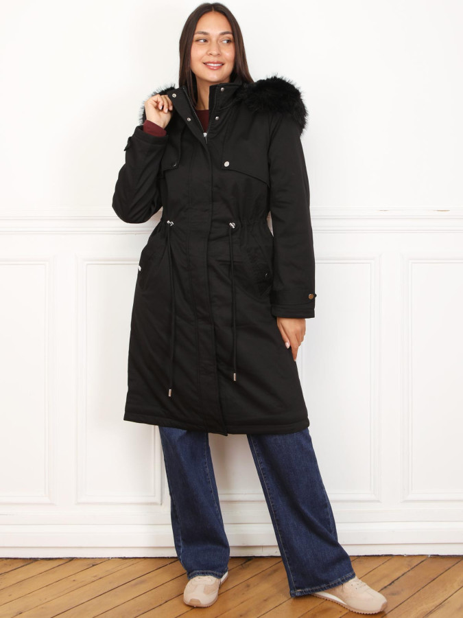 Parka mi-longue à capuche en fausse fourrure noire